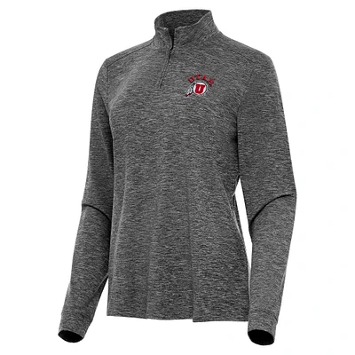 Women's Antigua Heather Black Utah Utes Mentor Long Sleeve Quarter-Zip Mock Polo