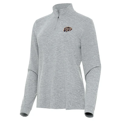 Women's Antigua  Heather Gray UTEP Miners Mentor Long Sleeve Quarter-Zip Mock Polo