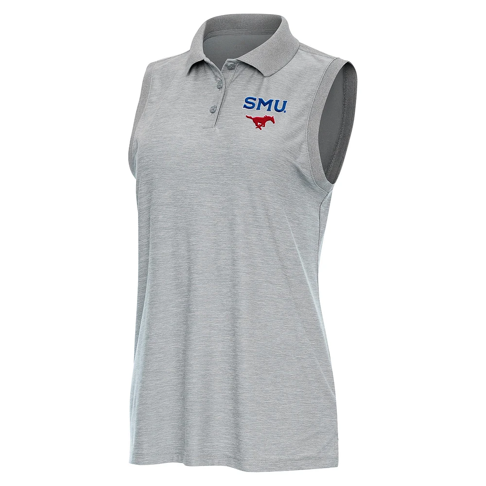Women's Antigua Heather Gray SMU Mustangs Recap Sleeveless Polo