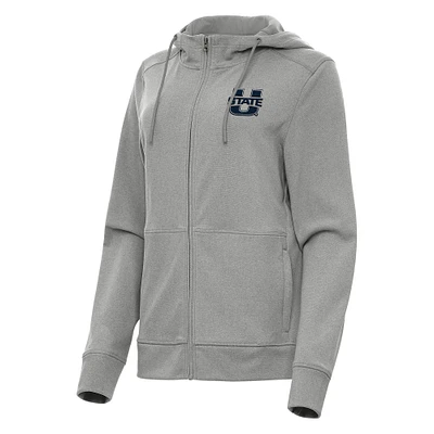 Women's Antigua Heather Gray Utah State Aggies Seeker Full-Zip Hoodie