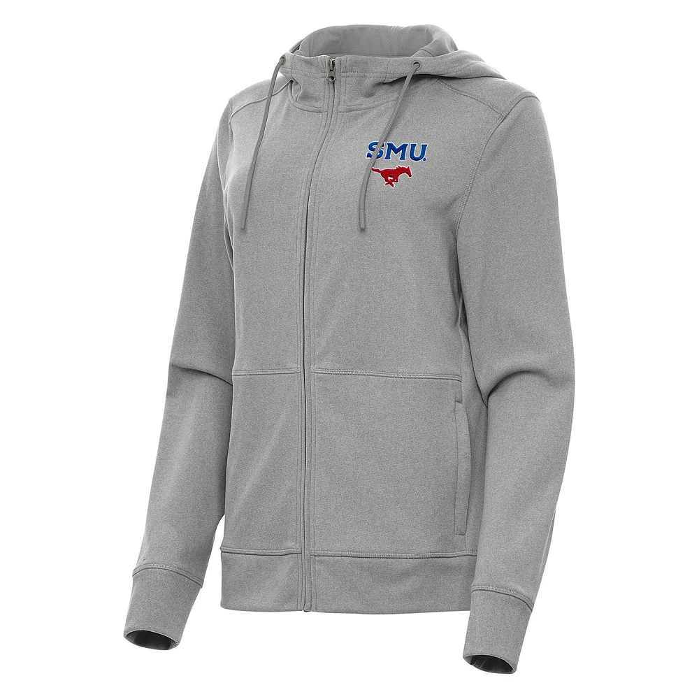 Women's Antigua Heather Gray SMU Mustangs Seeker Full-Zip Hoodie