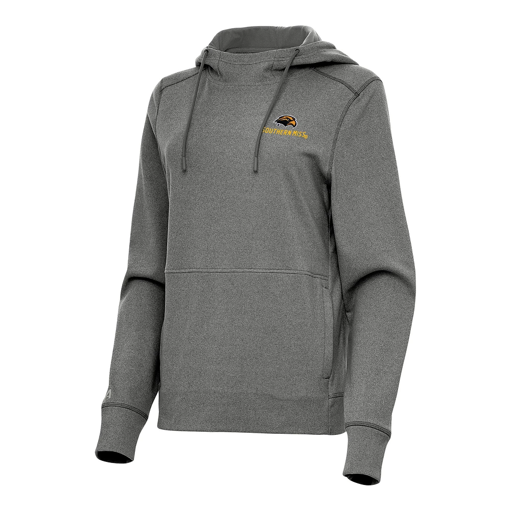 Women's Antigua Heather Black Southern Miss Golden Eagles Justice Pullover Hoodie