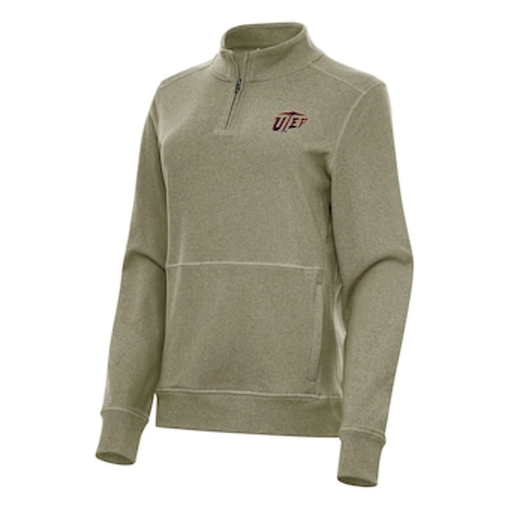 Women's Antigua Heather Olive UTEP Miners Crush Quarter-Zip Fleece Sweatshirt
