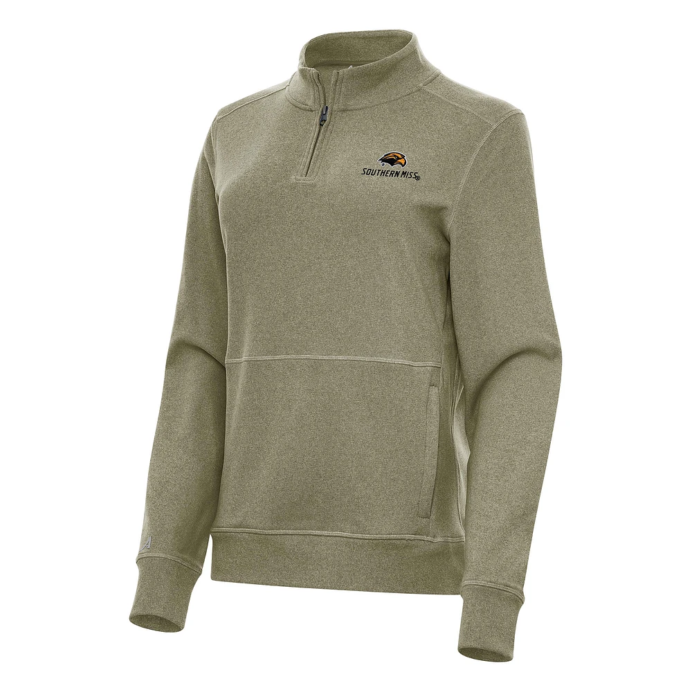 Women's Antigua Heather Olive Southern Miss Golden Eagles Crush Quarter-Zip Fleece Sweatshirt