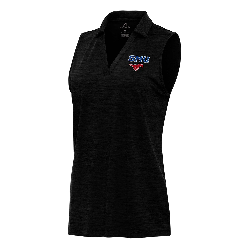 Women's Antigua Heather Black SMU Mustangs Layout Sleeveless V-Neck Polo