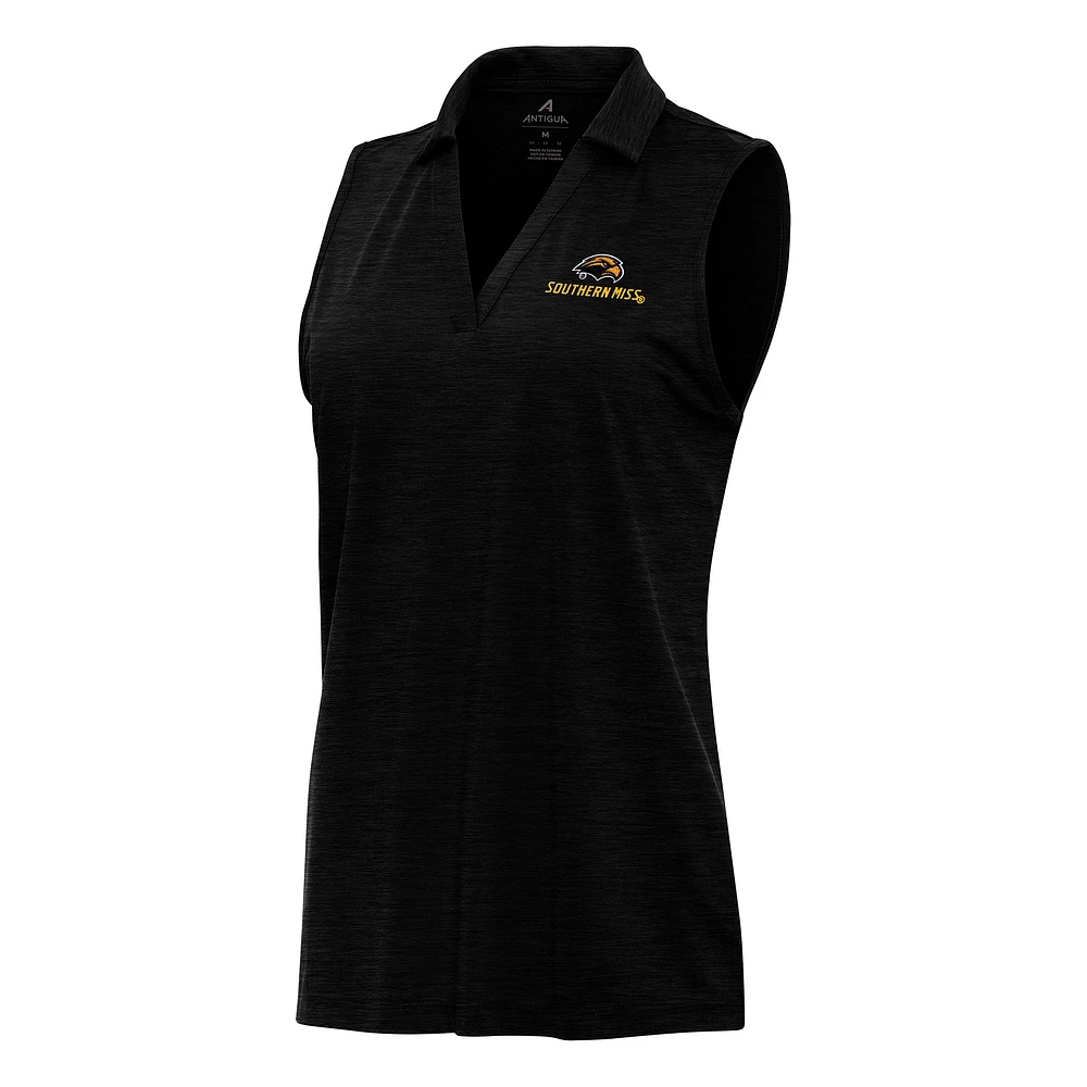Women's Antigua Heather Black Southern Miss Golden Eagles Layout Sleeveless V-Neck Polo
