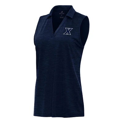 Women's Antigua Heather Navy Xavier Musketeers Layout Sleeveless V-Neck Polo
