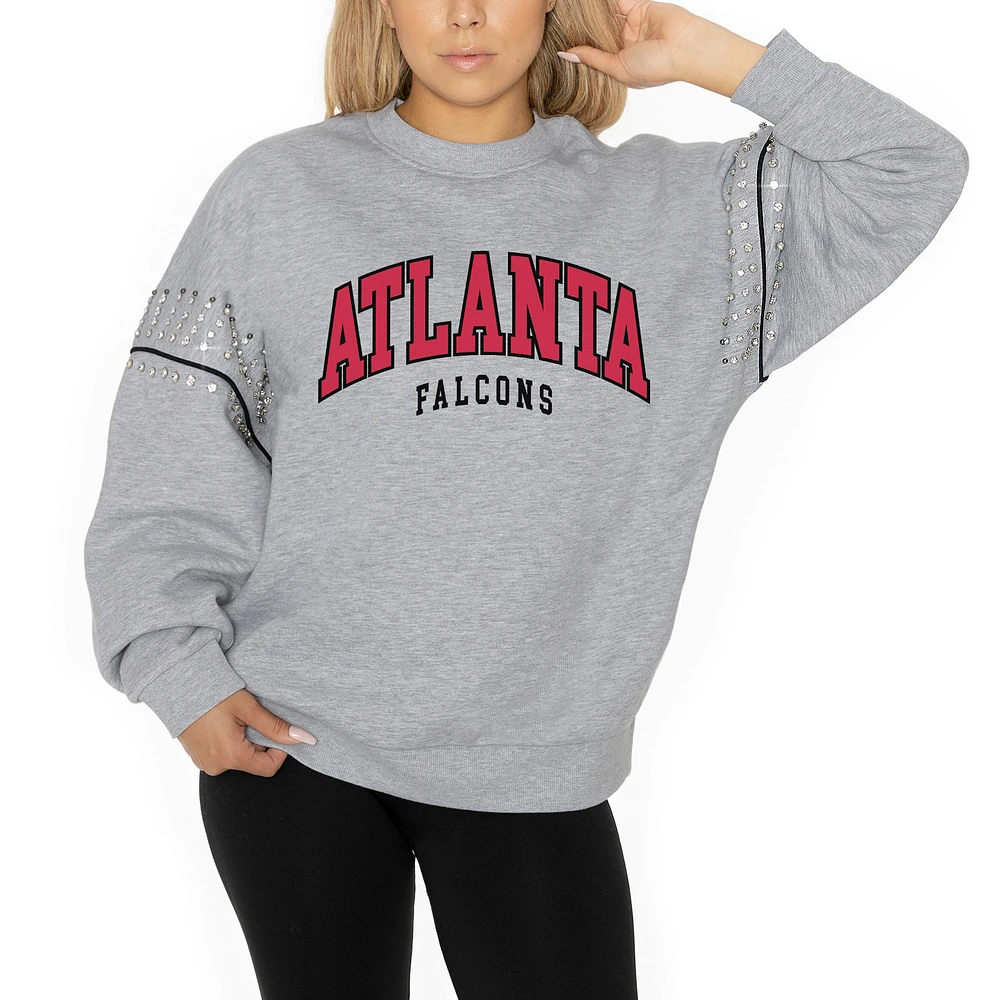 Women's Gameday Couture Ash Atlanta Falcons Rhinestone Drop Shoulder Oversized Fleece Pullover Sweatshirt