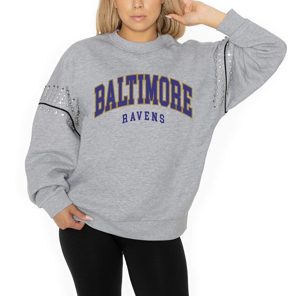Women's Gameday Couture Ash Baltimore Ravens Rhinestone Drop Shoulder Oversized Fleece Pullover Sweatshirt