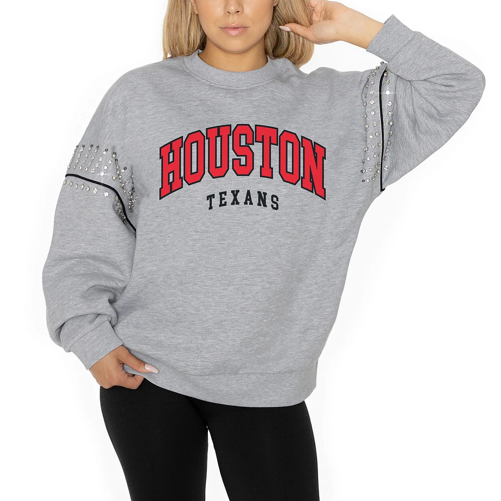 Women's Gameday Couture Ash Houston Texans Rhinestone Drop Shoulder Oversized Fleece Pullover Sweatshirt