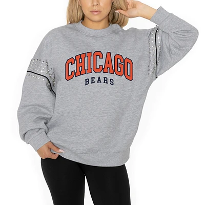 Women's Gameday Couture Ash Chicago Bears Rhinestone Drop Shoulder Oversized Fleece Pullover Sweatshirt