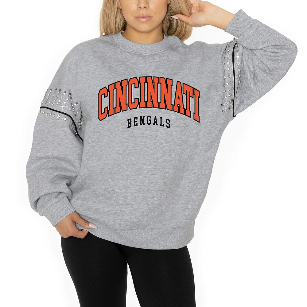 Women's Gameday Couture Ash Cincinnati Bengals Rhinestone Drop Shoulder Oversized Fleece Pullover Sweatshirt
