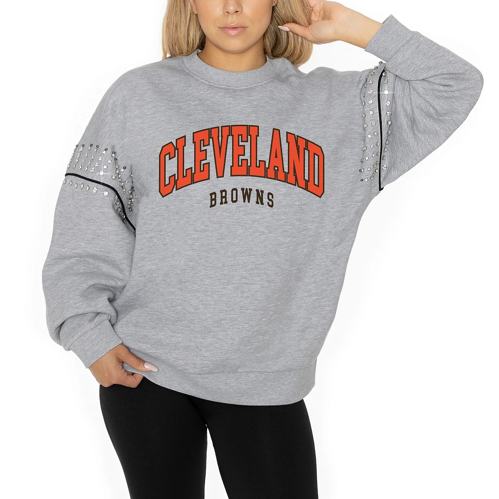 Women's Gameday Couture Ash Cleveland Browns Rhinestone Drop Shoulder Oversized Fleece Pullover Sweatshirt
