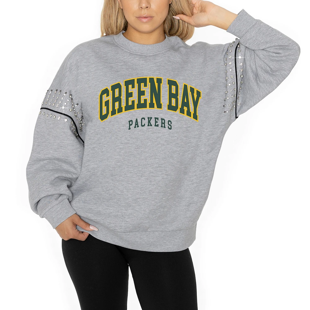 Women's Gameday Couture Ash Green Bay Packers Rhinestone Drop Shoulder Oversized Fleece Pullover Sweatshirt