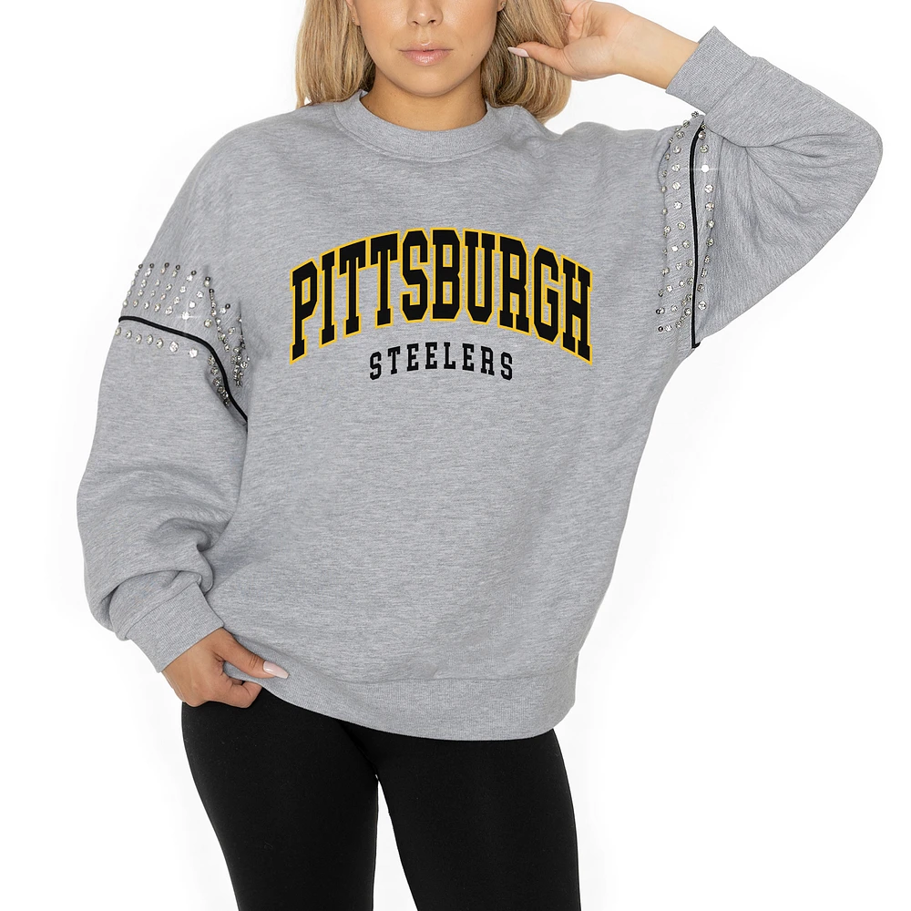 Women's Gameday Couture Ash Pittsburgh Steelers Rhinestone Drop Shoulder Oversized Fleece Pullover Sweatshirt