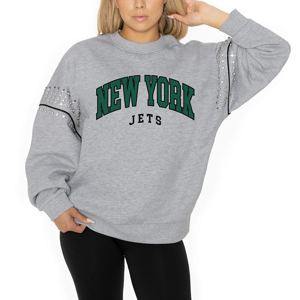 Women's Gameday Couture Ash New York Jets Rhinestone Drop Shoulder Oversized Fleece Pullover Sweatshirt