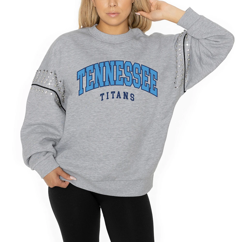 Women's Gameday Couture Ash Tennessee Titans Rhinestone Drop Shoulder Oversized Fleece Pullover Sweatshirt