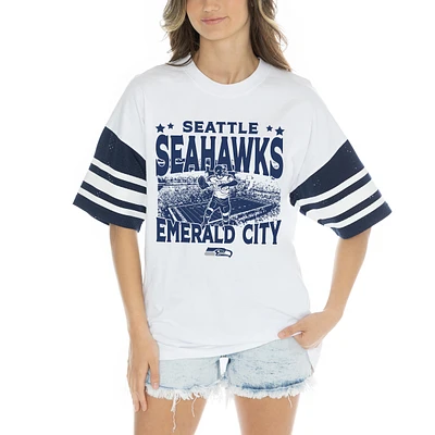 Women's Gameday Couture White Seattle Seahawks Contrast Mesh Heritage Stripe Oversized T-Shirt