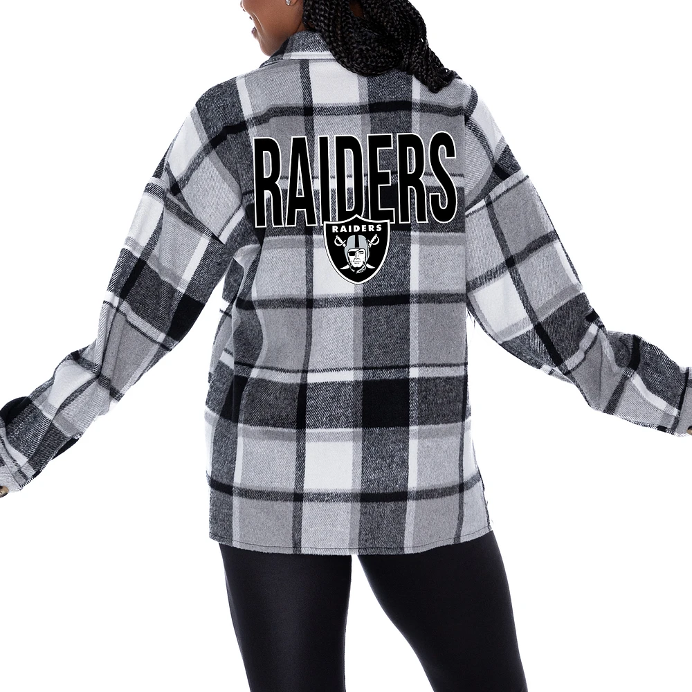 Women's Gameday Couture Gray Las Vegas Raiders Fieldside Fun Plaid Button-Up Overshirt