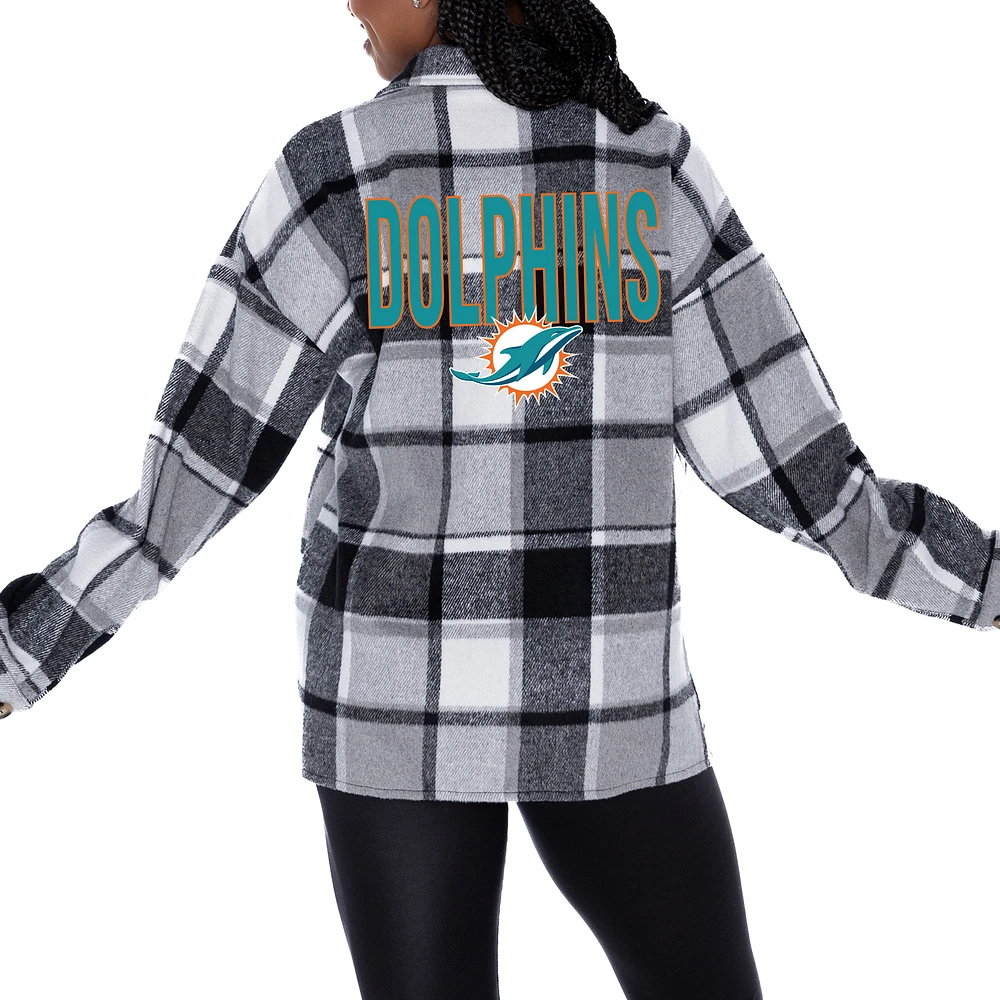 Women's Gameday Couture Gray Miami Dolphins Fieldside Fun Plaid Button-Up Overshirt