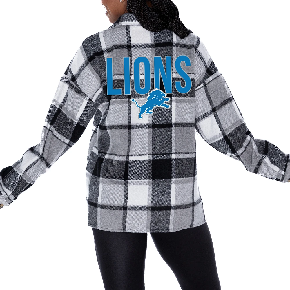 Women's Gameday Couture Gray Detroit Lions Fieldside Fun Plaid Button-Up Overshirt