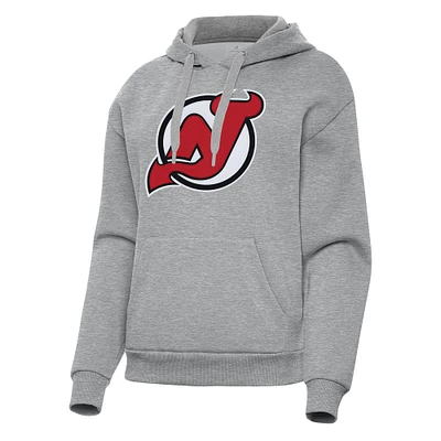 Women's Antigua Heather Gray New Jersey Devils Victory Pullover Hoodie