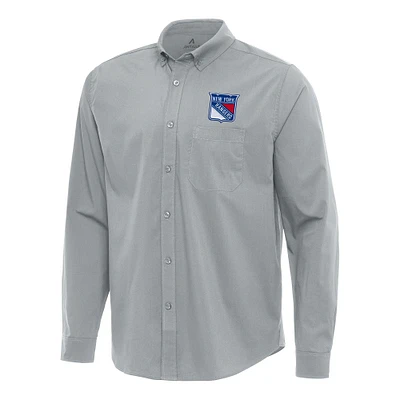Men's Antigua Gray New York Rangers Flight Woven Tri-Blend Long Sleeve Button-Down Shirt