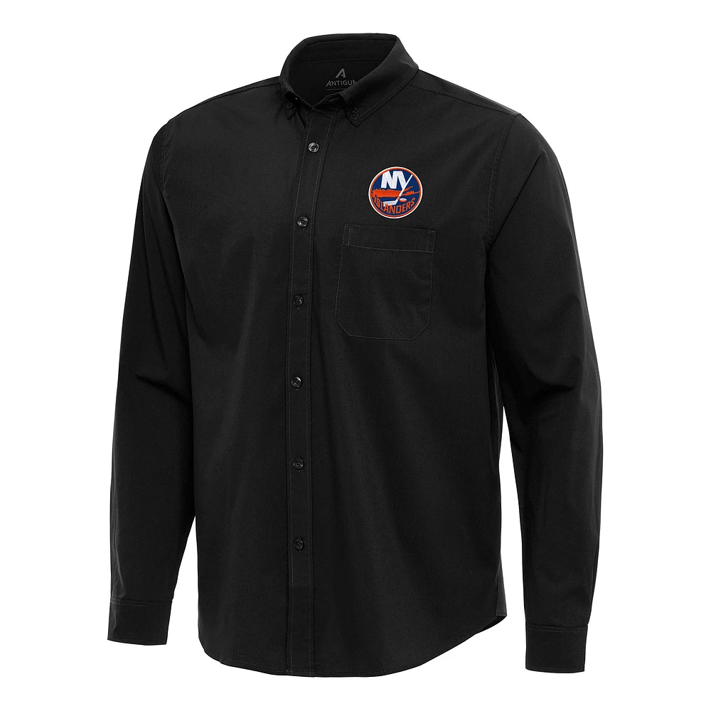 Men's Antigua Black New York Islanders Flight Woven Tri-Blend Long Sleeve Button-Down Shirt