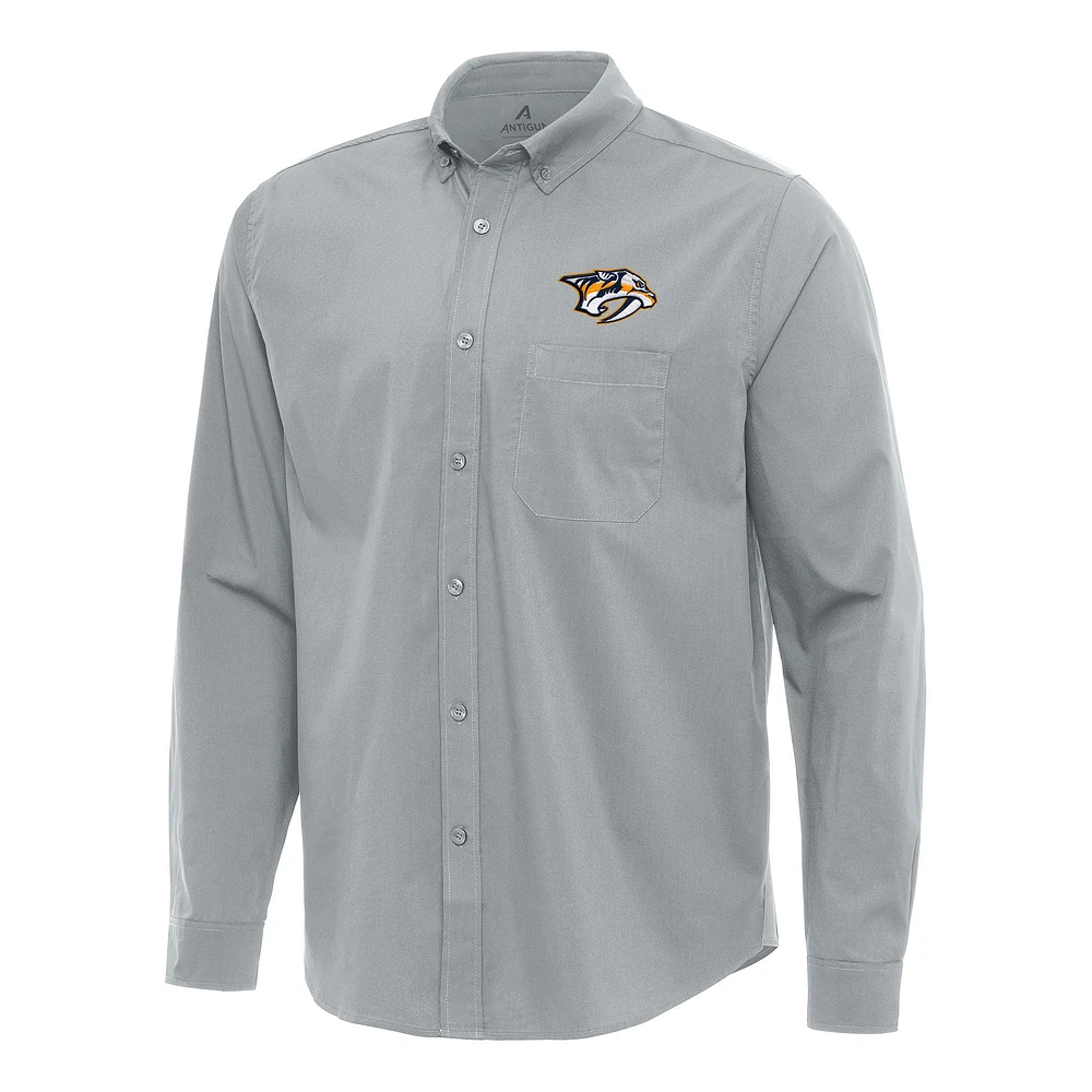Men's Antigua Gray Nashville Predators Flight Woven Tri-Blend Long Sleeve Button-Down Shirt