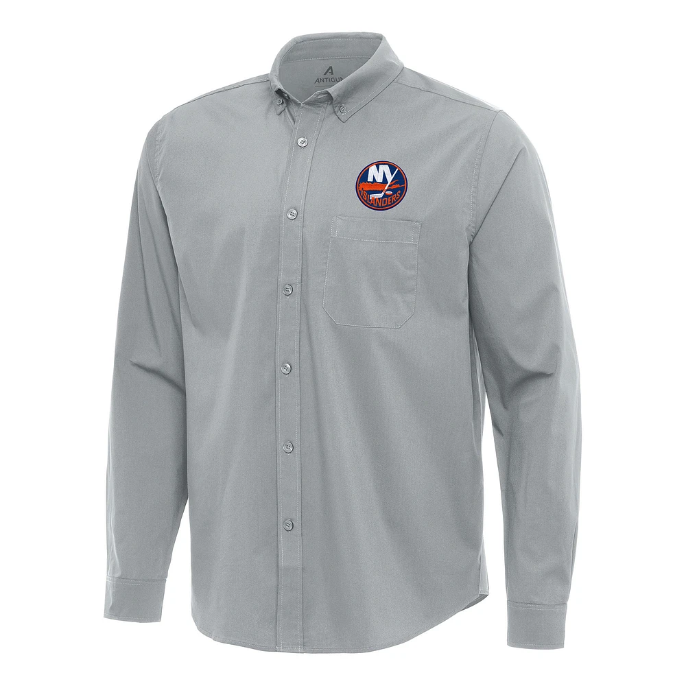 Men's Antigua Gray New York Islanders Flight Woven Tri-Blend Long Sleeve Button-Down Shirt