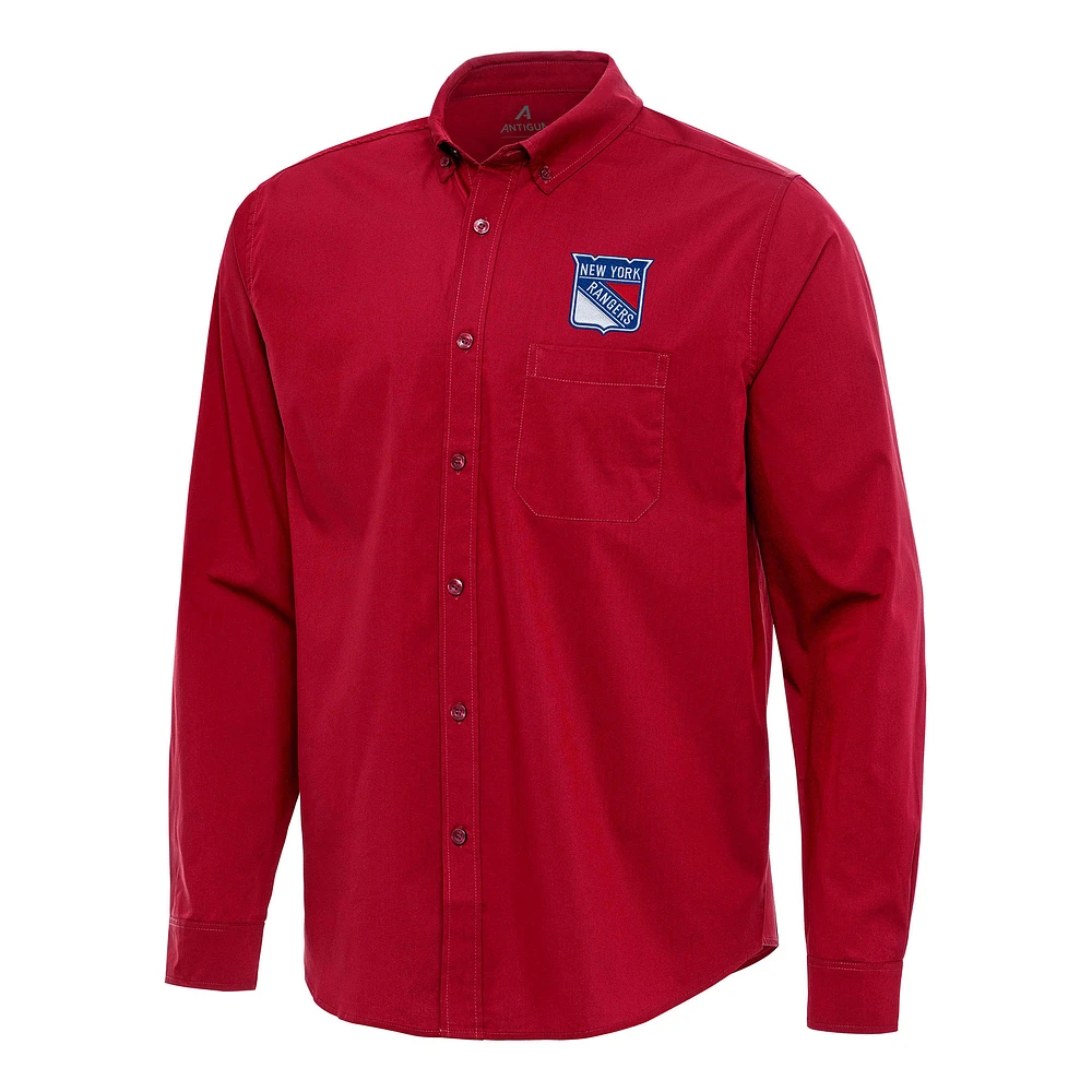 Men's Antigua Red New York Rangers Flight Woven Tri-Blend Long Sleeve Button-Down Shirt