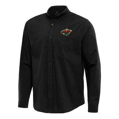 Men's Antigua Black Minnesota Wild Flight Woven Tri-Blend Long Sleeve Button-Down Shirt