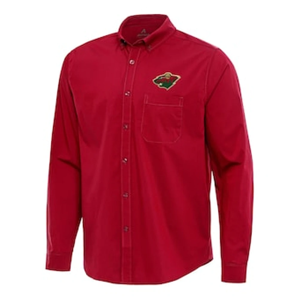 Men's Antigua Red Minnesota Wild Flight Woven Tri-Blend Long Sleeve Button-Down Shirt