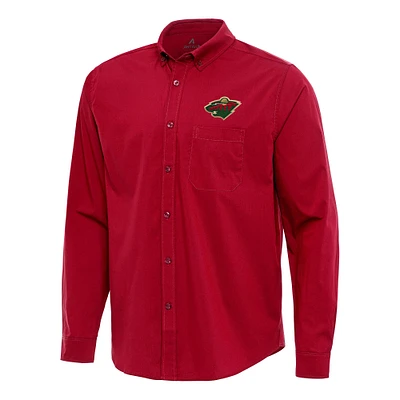 Men's Antigua Red Minnesota Wild Flight Woven Tri-Blend Long Sleeve Button-Down Shirt