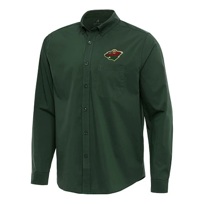 Men's Antigua Hunter Green Minnesota Wild Flight Woven Tri-Blend Long Sleeve Button-Down Shirt