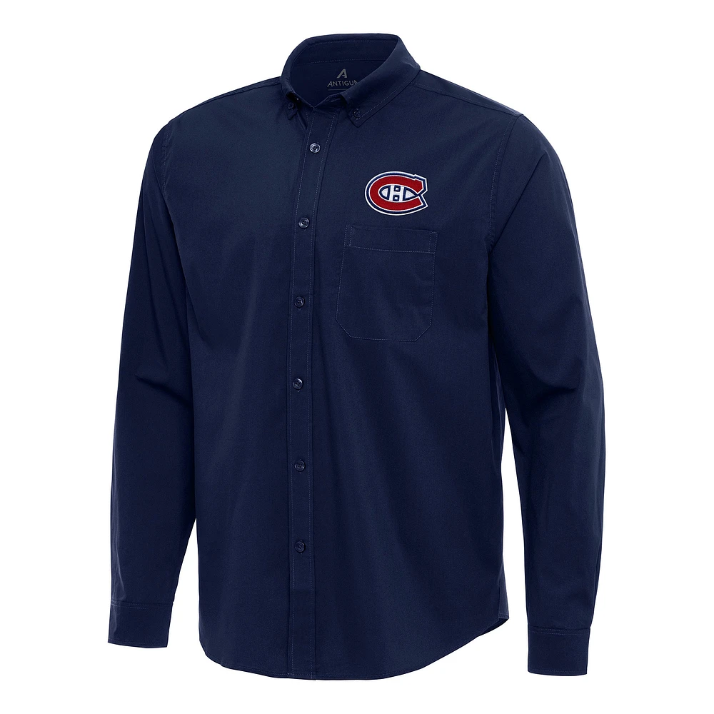 Men's Antigua Navy Montreal Canadiens Flight Woven Tri-Blend Long Sleeve Button-Down Shirt
