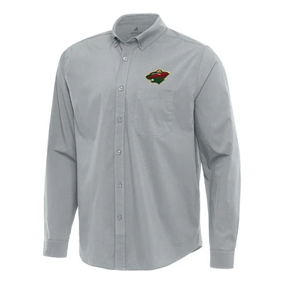 Men's Antigua Gray Minnesota Wild Flight Woven Tri-Blend Long Sleeve Button-Down Shirt