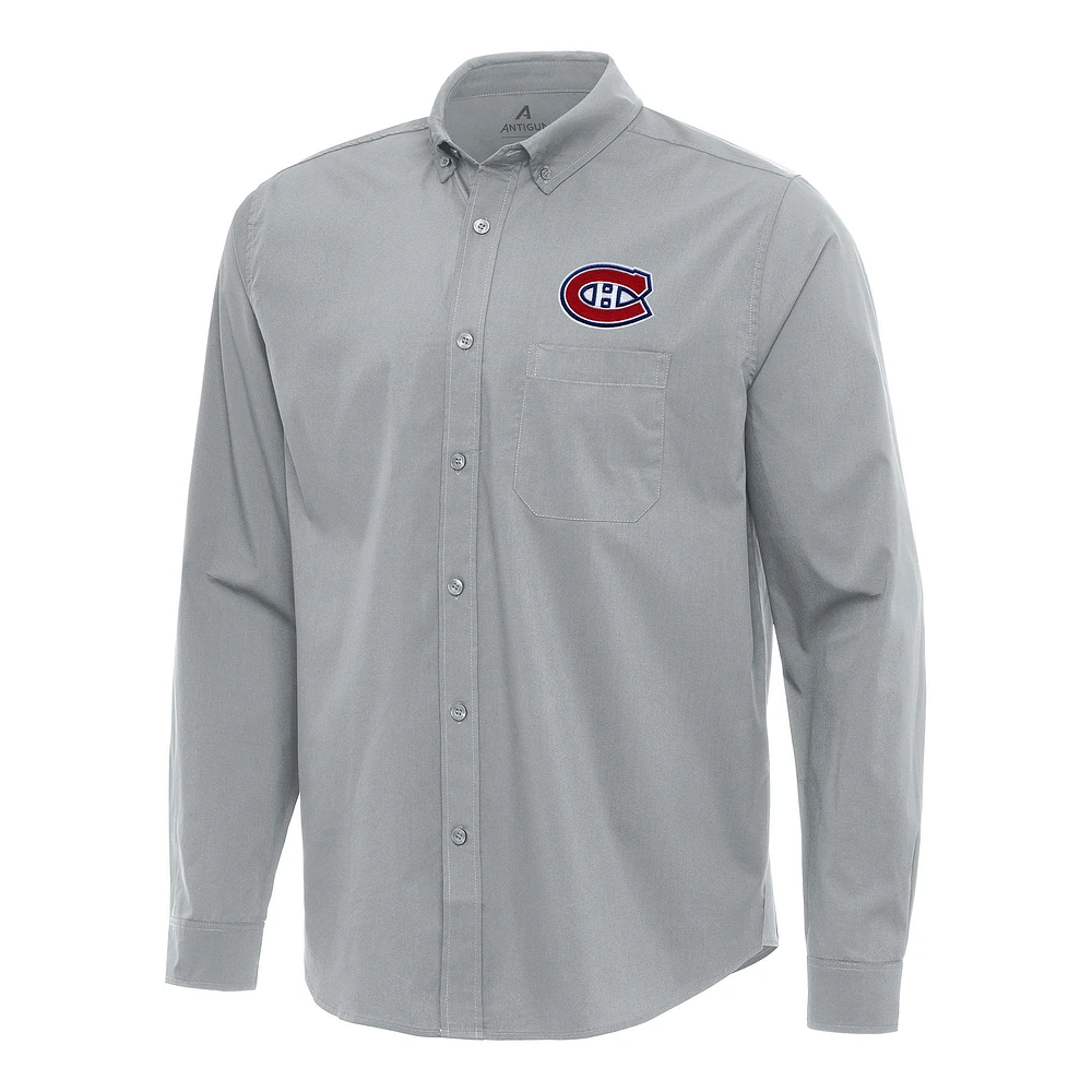 Men's Antigua Gray Montreal Canadiens Flight Woven Tri-Blend Long Sleeve Button-Down Shirt