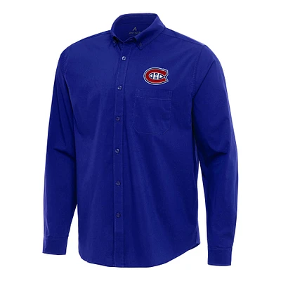 Men's Antigua Royal Montreal Canadiens Flight Woven Tri-Blend Long Sleeve Button-Down Shirt