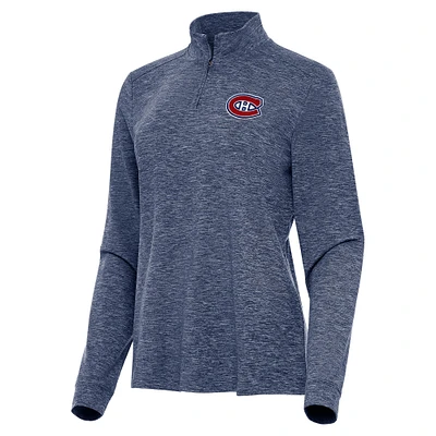 Women's Antigua Heather Navy Montreal Canadiens Mentor Quarter-Zip Mock Long Sleeve Top