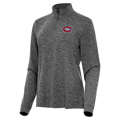 Women's Antigua Heather Black Montreal Canadiens Mentor Quarter-Zip Mock Long Sleeve Top