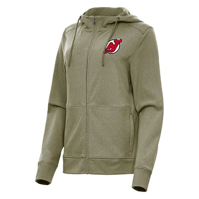 Women's Antigua Heather Olive New Jersey Devils Seeker Full-Zip Hoodie