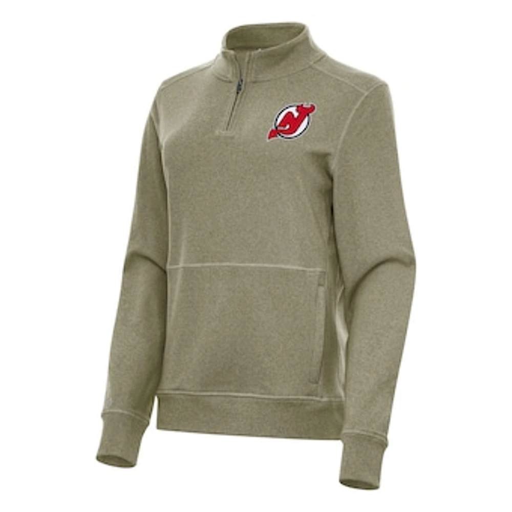 Women's Antigua Olive New Jersey Devils Crush Quarter-Zip Fleece Sweatshirt