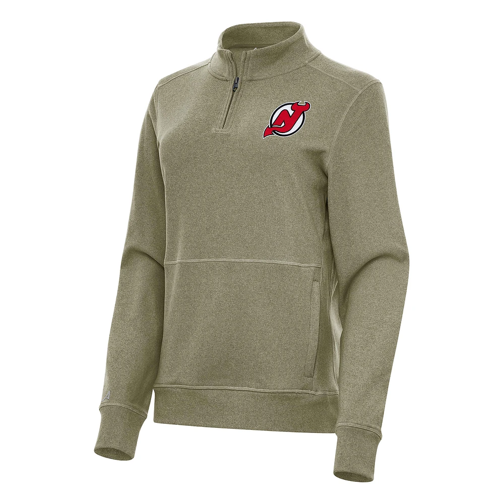 Women's Antigua Olive New Jersey Devils Crush Quarter-Zip Fleece Sweatshirt
