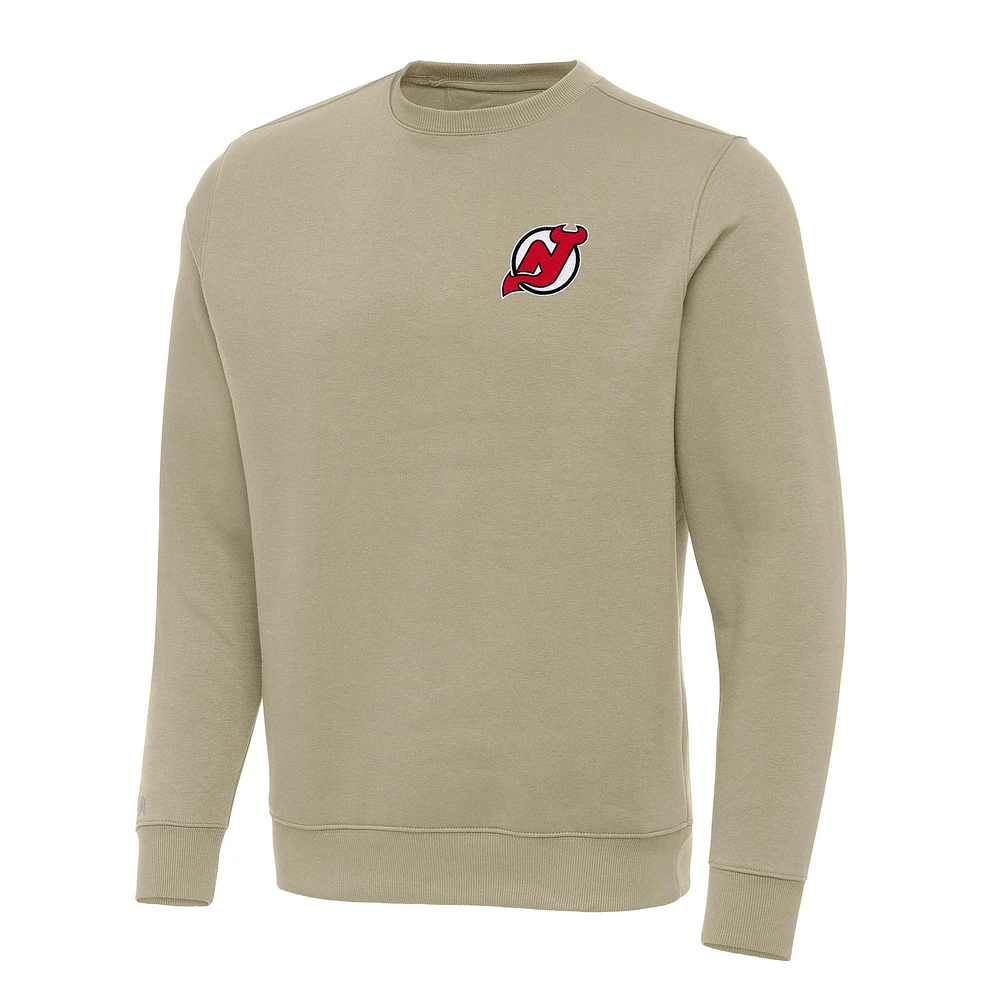 Men's Antigua Khaki New Jersey Devils Victory Crewneck Pullover Sweatshirt