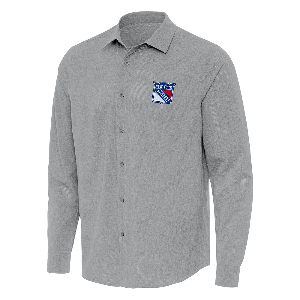 Men's Antigua Gray New York Rangers Exposure Woven Long Sleeve Button-Up Shirt