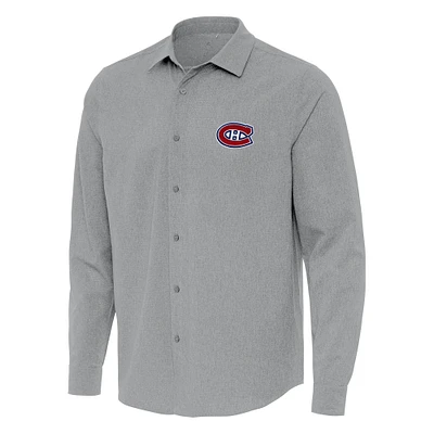 Men's Antigua Gray Montreal Canadiens Exposure Woven Long Sleeve Button-Up Shirt