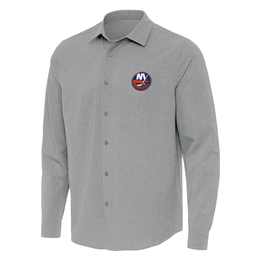 Men's Antigua Gray New York Islanders Exposure Woven Long Sleeve Button-Up Shirt