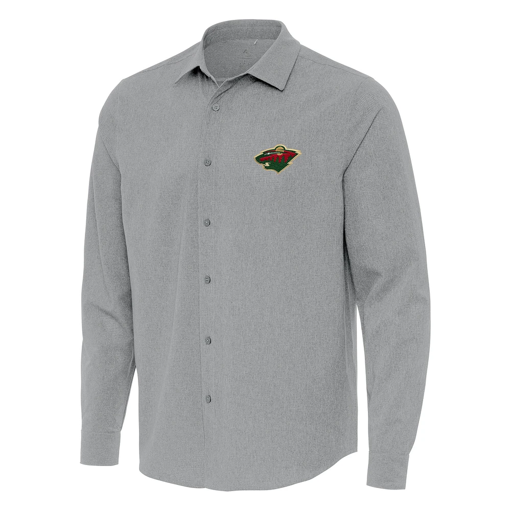 Men's Antigua Gray Minnesota Wild Exposure Woven Long Sleeve Button-Up Shirt