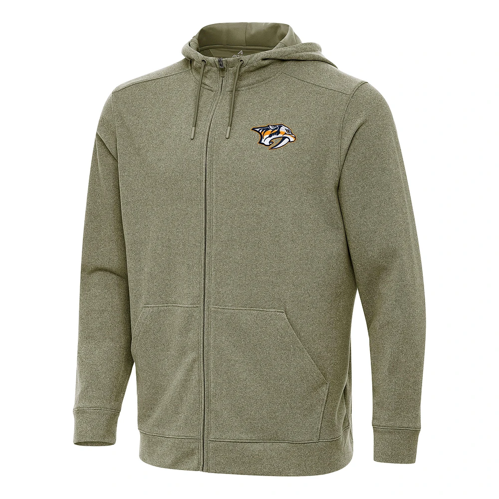 Men's Antigua Olive Nashville Predators Effortless Full-Zip Hoodie Jacket